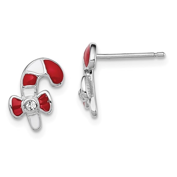 Sterling Silver Red White Enameled Crystal Candy Cane Children's Post Earrings